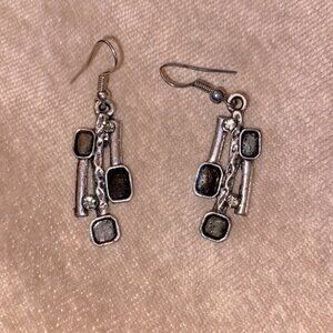Artisanal Gunmetal Plated Earrings W Zirconia & Hammered Design Wire Posts